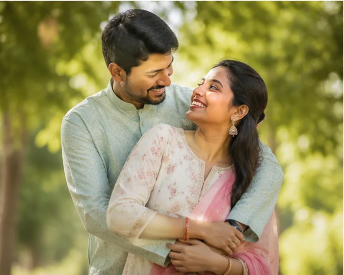Indian couple embracing under trees in a sunlit park